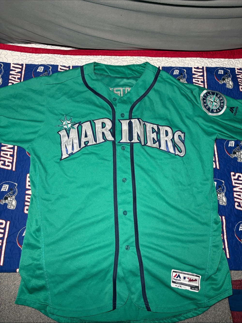 Majestic Seattle Mariners Green Button-Up Jersey with Navy Trim